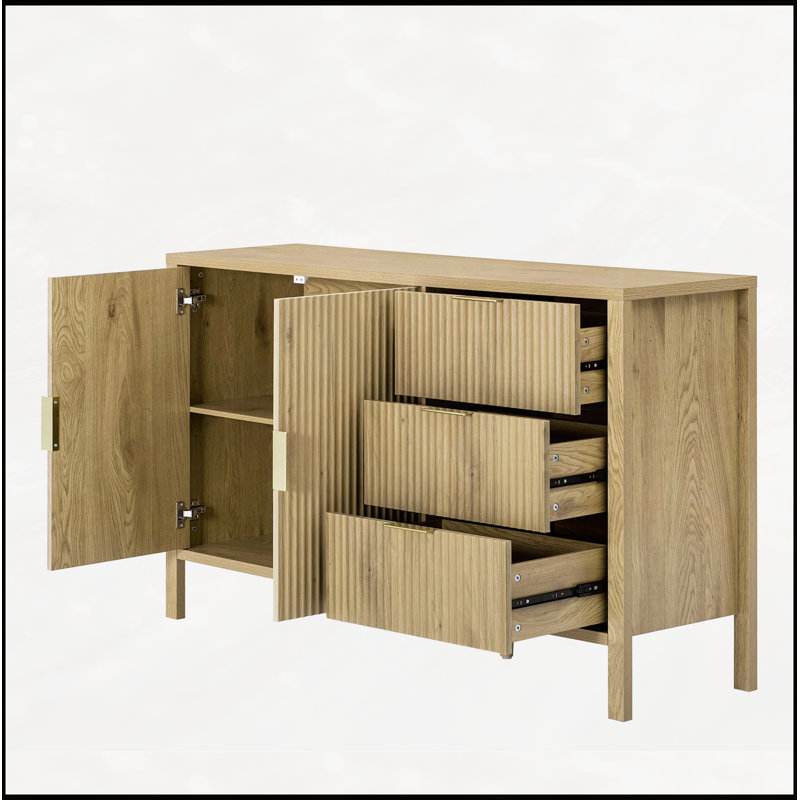 Wave-Pattern Sideboard with 3 Drawers, Large Storage Buffet Cabinet with Hooks and Extra Center Leg, Natural