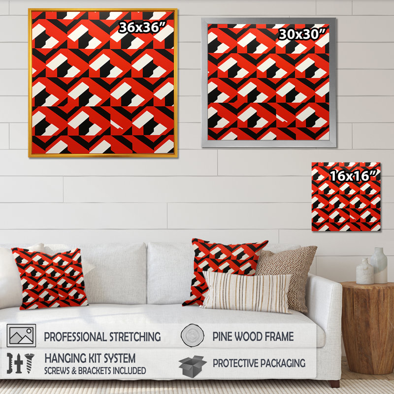 Motif rétro géométrique rouge, blanc et noir - reproduction sur toile, H 36 po x l 36 po x P 1,5 po, Cadre flottant noir