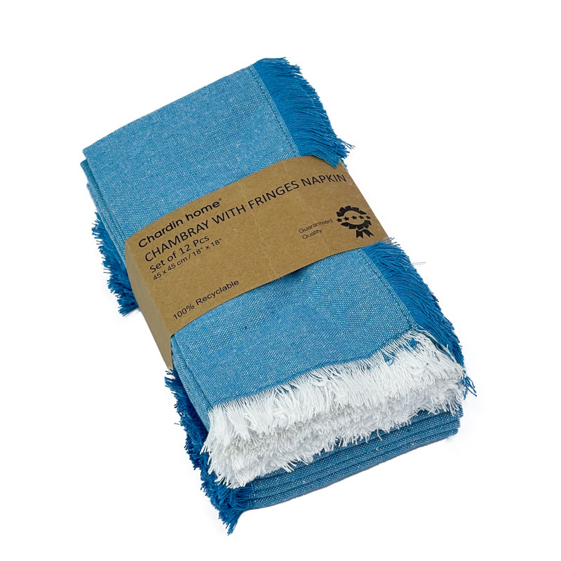 ENSEMBLE DE 12 NAPPES CHAMBRAY W. FRANGES, Turquoise / blanc