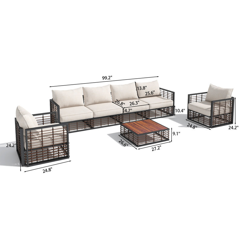 7-Piece Metal Patio Sectional Sofa Set With Cushions, Beige, Dark Gray