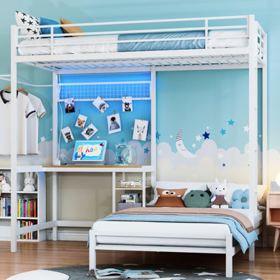 Lit simple superposé avec bureau et prises de courant, fabrication en métal, garde-corps, bureau en forme de L pour les dortoirs, tablettes de rangement, assemblage facile, adolescents