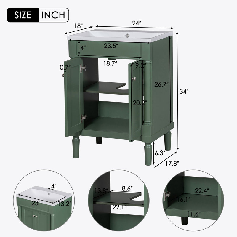 Meuble-lavabo 24 po avec lavabo supérieur, meuble de rangement moderne à 2 niveaux, meuble-lavabo simple, grandes tablettes de rangement (Remplacer SW000102AAF)