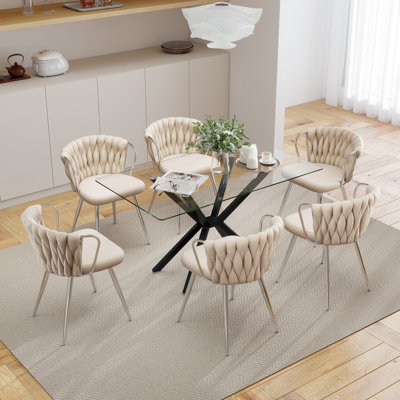 Modern 47.24-Inch Rectangular Glass Dining Table Set With Velvet-Upholstered Armchairs, Space-Saving Dining Furniture Set For Dining Rooms, Kitchens, Breakfast Nooks, Small Spaces, And Apartments