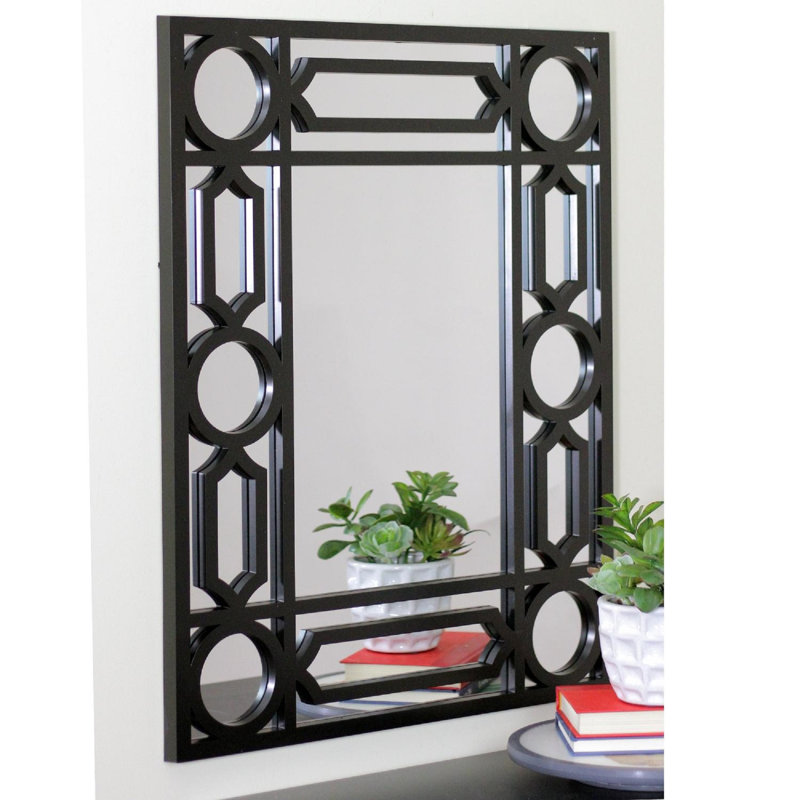 29.5" Framed Geometric Openwork Rectangular Wall Mirror, Black