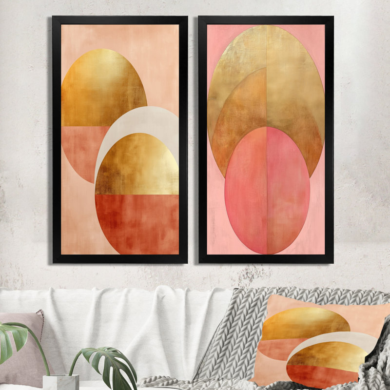 «Rose and Gold Flow Arcs - Modern Abstract», art mural sur toile 2 pièces, H 40 po x l 40 po, Cadre photo argenté