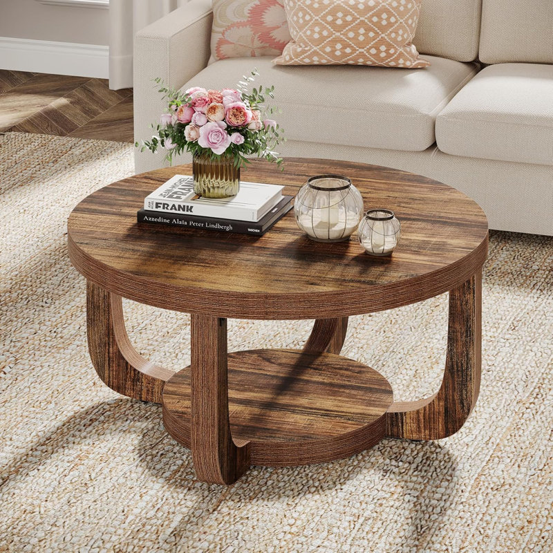 Table basse, centre de table circulaire à 2 niveaux avec rangement, table basse d'appoint moderne en bois avec plateau et base épais, brun rustique