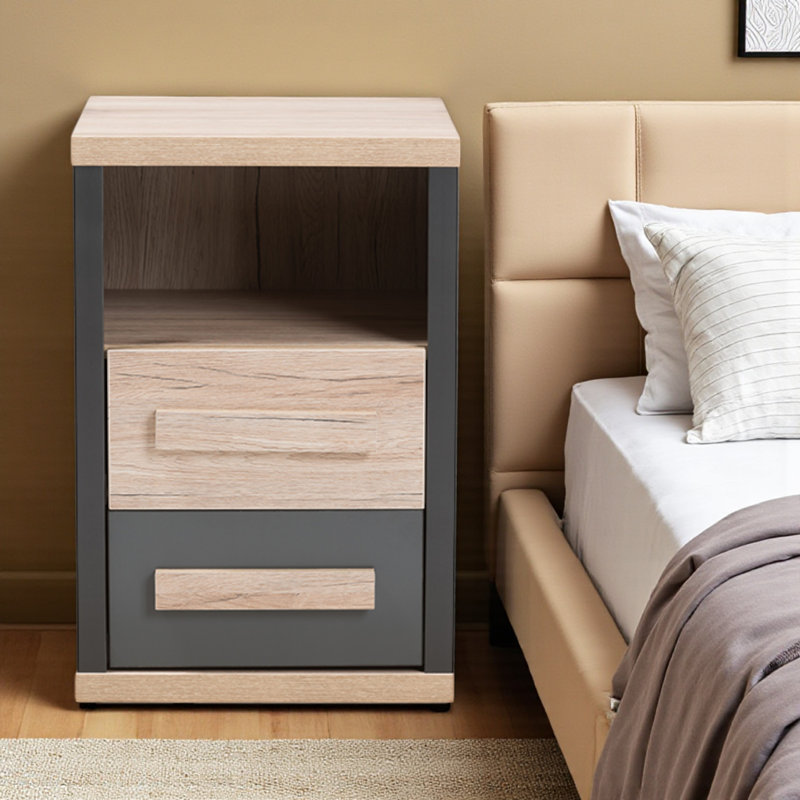 Bellwood 2-Drawer & 1-Open Shelf Dark Gray & Light Brown Nightstand, 23.95" H X 15.59" W X 15.59" D
