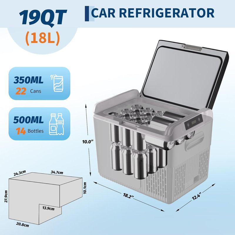 18L Portable Car Fridge Freezer, Fast Cooling Compressor Cooler, Less than 45dB Low Noise, -20℃ to 20℃, 12/24V DC & 100-240V AC for Camping, Campervan, RV, Boat and Travel