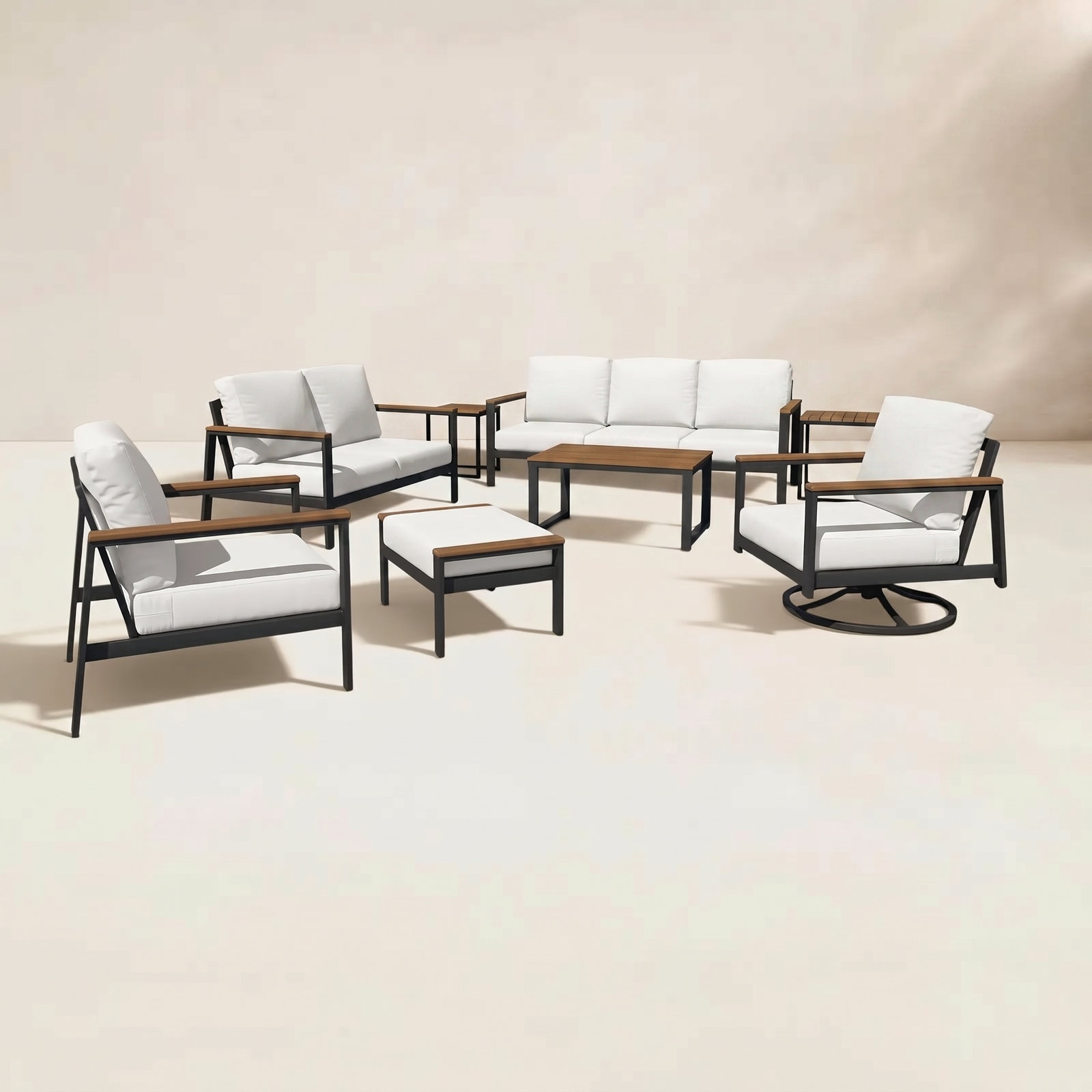 Townsend Seating Set With Brown Table And Arms, Sunbrella Canvas Natural