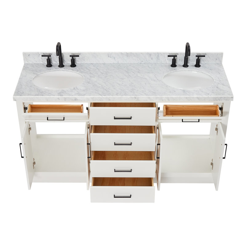 Meuble-lavabo double en bois massif de 66 po avec plateau en marbre de Carrare de 1,5 po Thornaby, Ovale, Blanc / noir mat