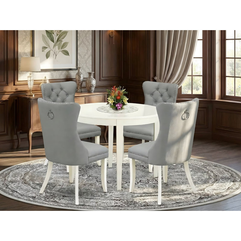 L'ensemble de mobilier de salle à manger 5 pièces comprend une table ronde et 4 chaises Parson rembourrées en tissu de polyester, 42 x 42 pouces, lin blanc