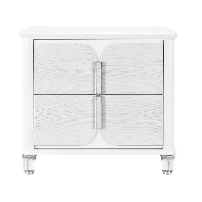 Table de chevet grise avec façade texturée, tiroirs spacieux, décorations en métal argenté et pieds en acrylique avec tiroirs