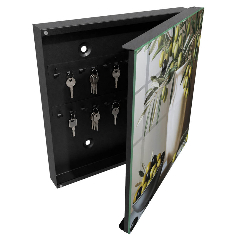 Key box for wall, Opens to the left, 30x30x5, White, olive in a vase and bowl contrasting with the white, 