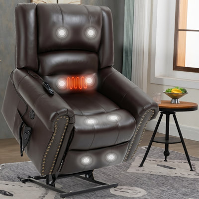 Rebrilliant 40.15'' Wide Dual-Motor Leather Power Lift Recliner with Heat and Massage - Dark Brown