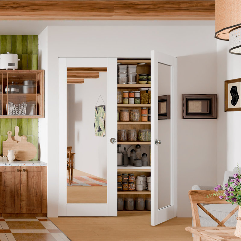 Portes intérieures de garde-manger intérieures - Double dalle de conception double en miroir blanc standard avec poignées à bille argentées