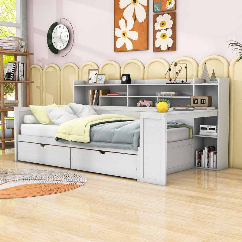 Crompton Multifunctional Wooden Daybed With Shelves, Drawers, and Study Desk, Twin, Antique White