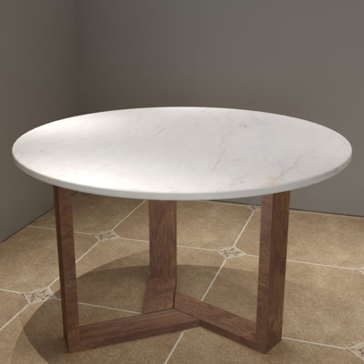 Fina Dining Table, 48 Inch Round White Genuine Marble Top, Natural Brown Mango Wood 3 Leg Sled Base
