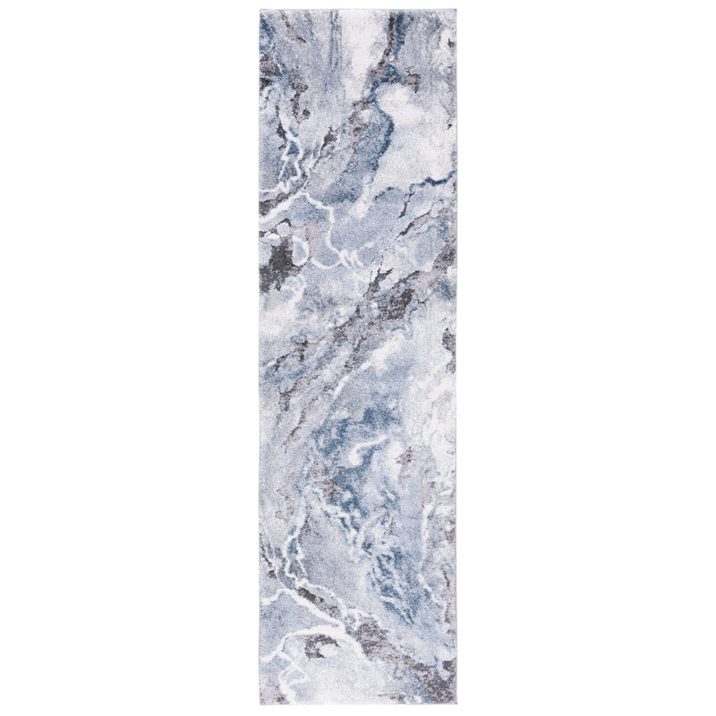Tapis ivoire / bleu Amelia-Rae, Tapis de couloir 2 pi 2 po x 7 pi 9 po