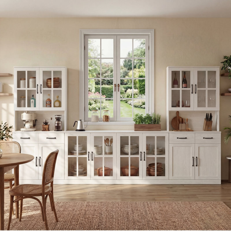  Garde-manger de 126 po de largeur avec bibliothèques et meuble télé pour téléviseur de 70 po ou moins, Blanc