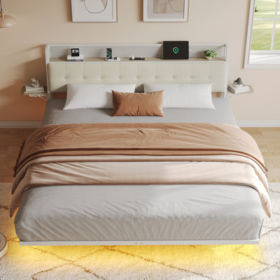 King Size Bed Frame with LED & Charging Station, Floating Bed Frame, Upholstered Headboard with Folding Shelves Storage, Metal Slats Support, No Box Spring Needed, Easy Assembly, White