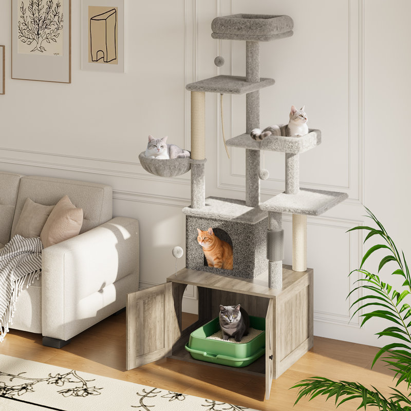 12MM Particle Board Plush Cat Litter Cabinet ZH1283 - 12Mm Particle Board, Plush Material, Spacious 60x48CM, Cat Litter Storage, Multi-Functional Cat Furniture