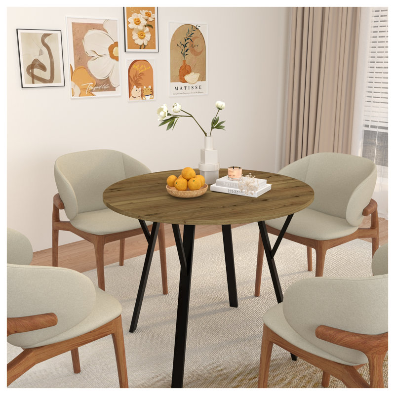 35.43" Round Dining Table with Metal Legs, Rustic Brown MDF Kitchen Table for Small Spaces