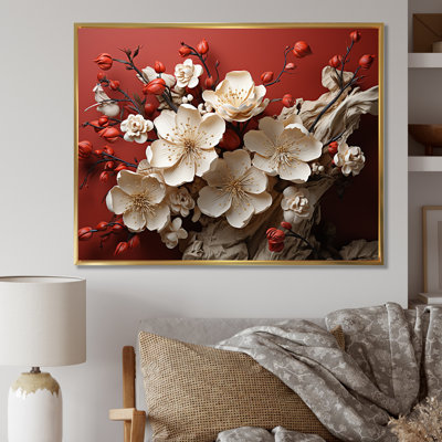 Orchidée blanche et rouge, branches de fleur V - art mural floral abstrait