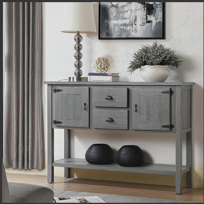 Console en bois massif avec 2 tiroirs, armoires et tablette inférieure, Gris antique