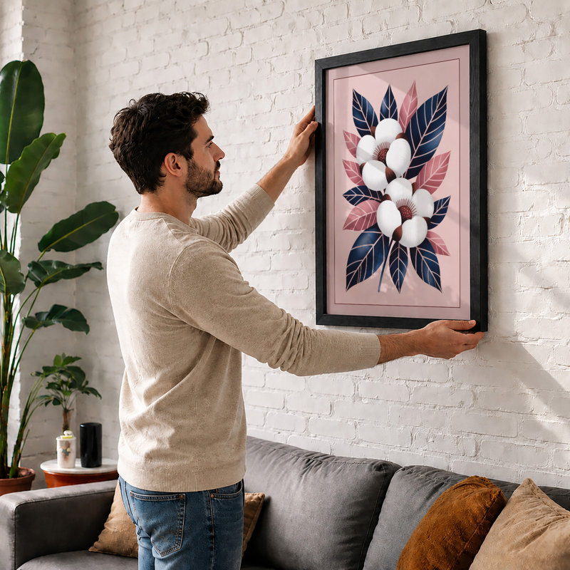 Cotton Wreath Botanical - Framed Print, A1 - 84.1 x 59.4 cm, Oak