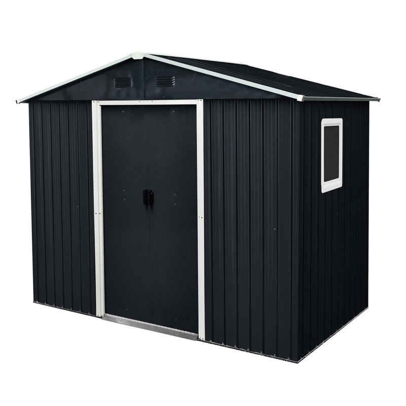 8Ft X 4Ft Metal Shed For Outdoor Storage - Black And White, Galvanized Steel Build, Tilted Roof, Lockable Door, Air Vents, Foundation, Anchors, Hooks, Shelf, Lock, Gloves Supplied 8X4 Ft Cabin In