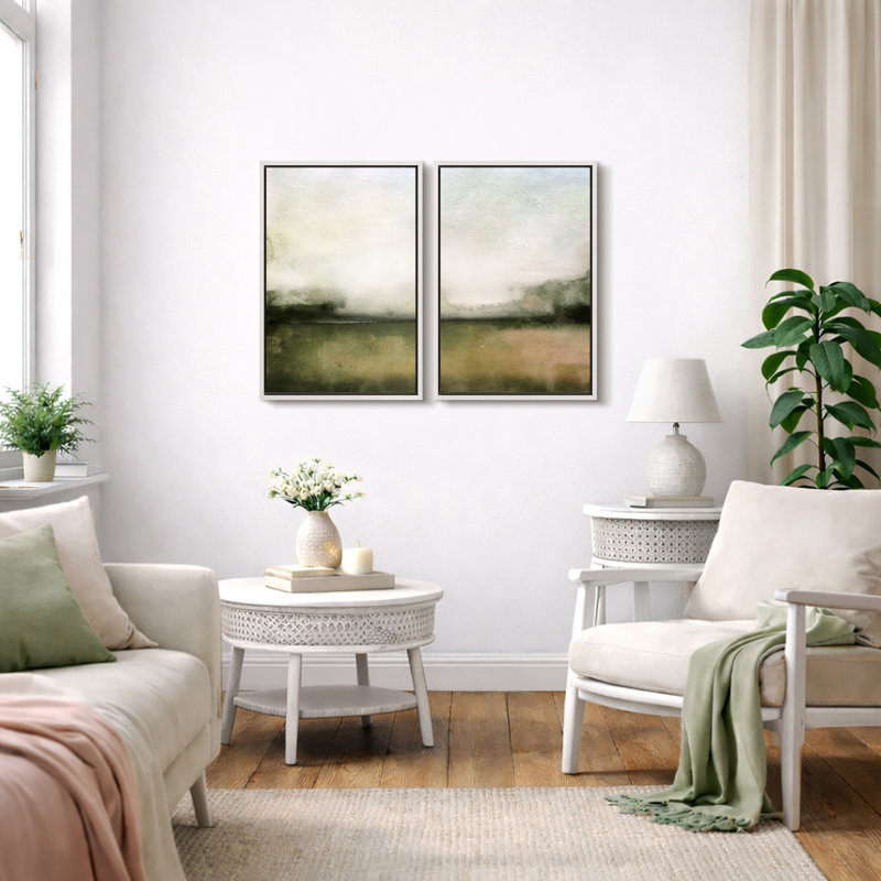 Minimal Landscape "Muted Green Watercolor Artwork, Classic Simple Minimalist Wall Pictures, Framed Canvas Giclee Print 2 Pieces Wall Art Set" 16x24x2 pcs, 24x36x2 pcs