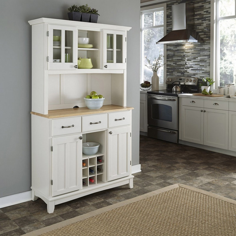 Sideboard with Bar Hutch, Natural Wood, Off-White