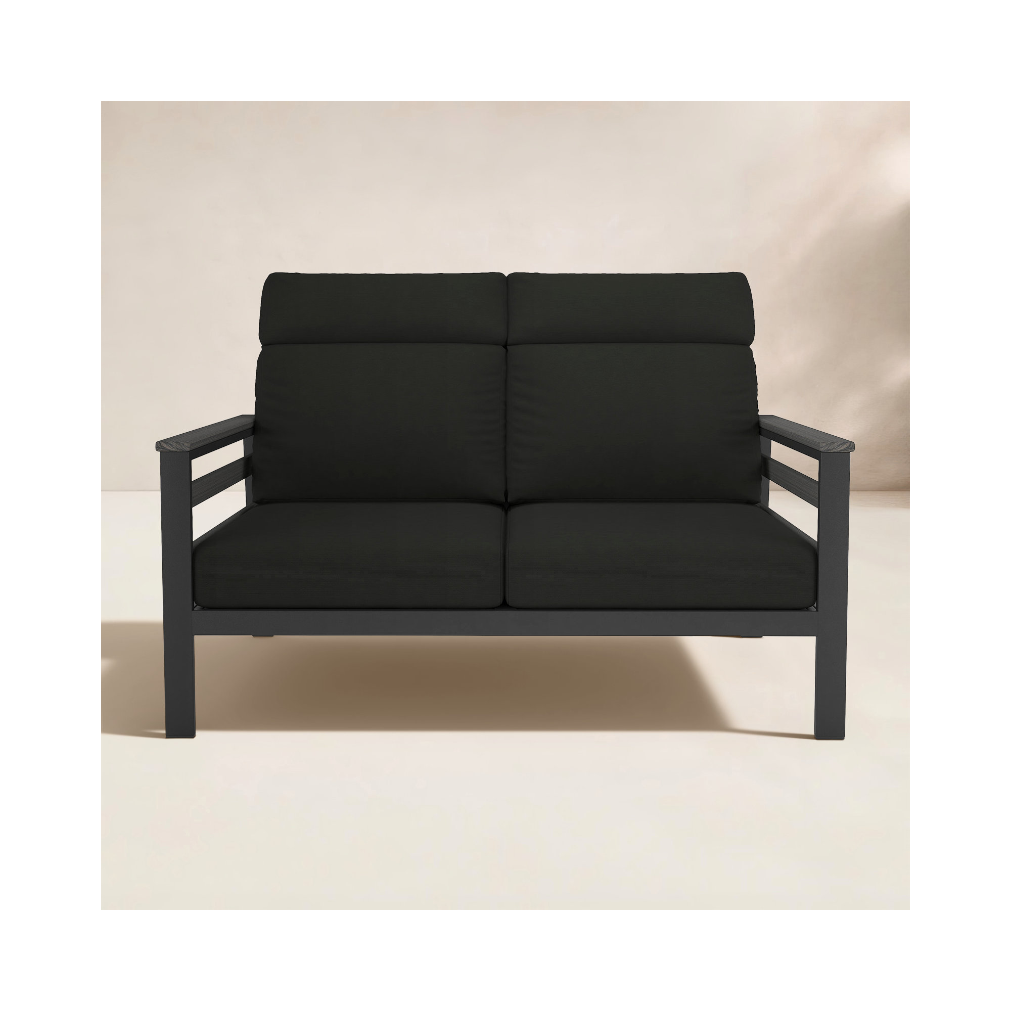 Townsend Metal Outdoor Loveseat With Sunbrella Cushion, Canvas Black, Gray