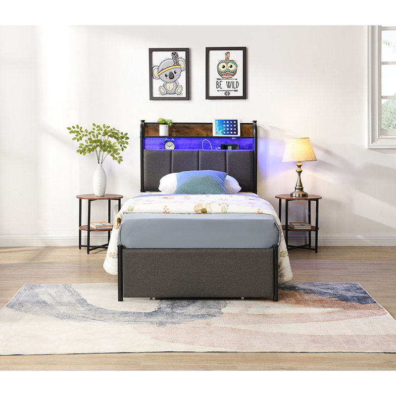 Lit simple avec structure solide et rangement multifonctionnel - Matériau confortable de la tête de lit tapissier, Lit simple
