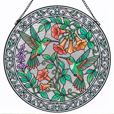 Hummingbird Floral Stained Glass Window Panel，12"H