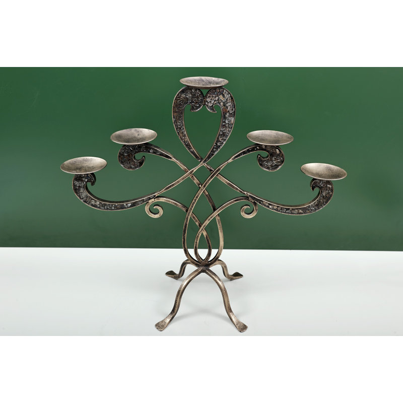 22" Hand-Forged Iron Candelabra Centerpiece – Sculptural Blacksmith-Style Candle Holder