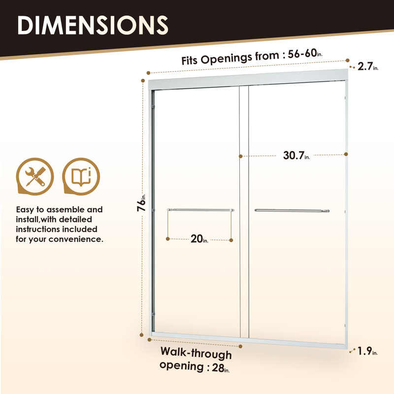 Porte de douche encadrée avec verre transparent l 60 po x H 76 po Ennis, Chrome poli
