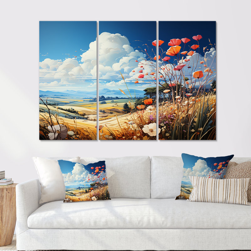 Blooming Poppies In The Meadow - Ensemble d'art mural prairie, Toile tendue, H 28 po x l 36 po x P 1 po