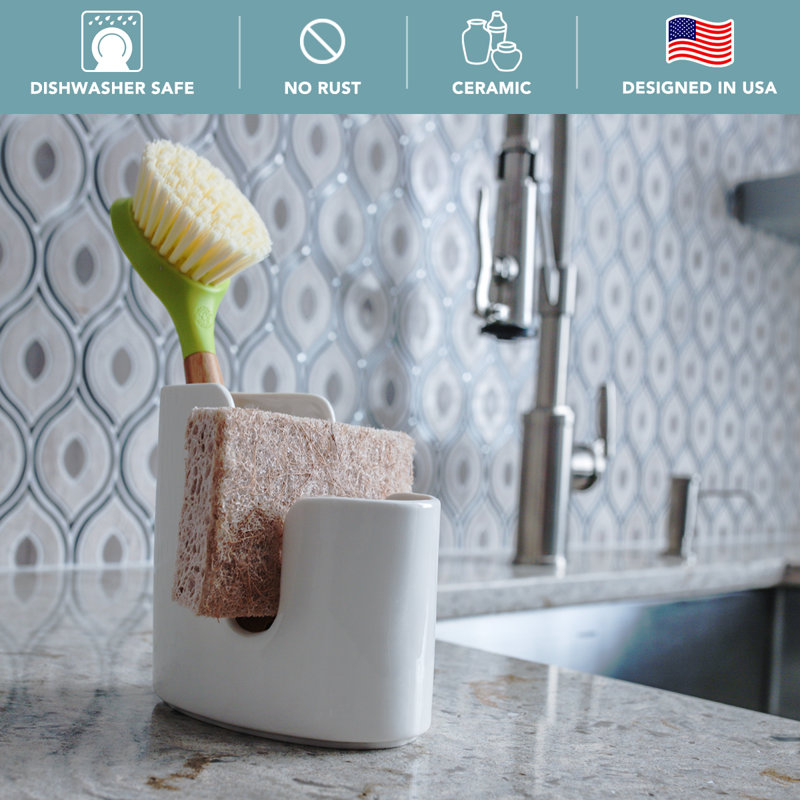 Elegant Bone-White Ceramic Kitchen Sponge & Brush Holder