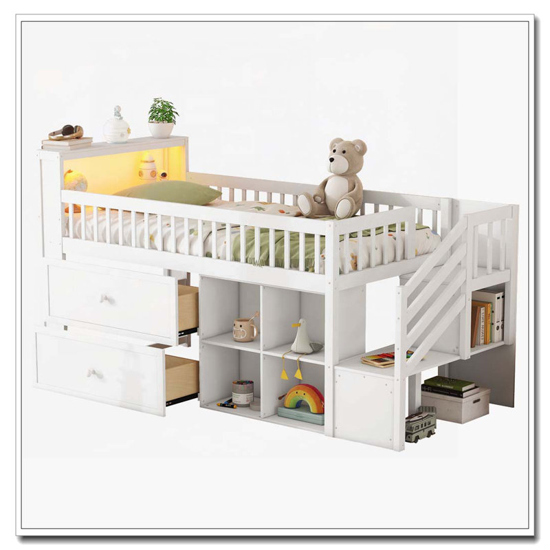 Lit de rangement en bois avec lumières DEL, tiroirs, bibliothèque, Blanc