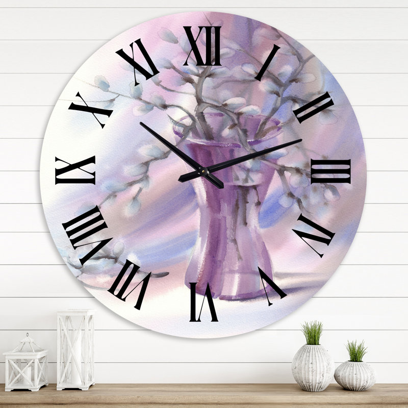Branches de saule dans un vase en verre violet - horloge murale, Grand