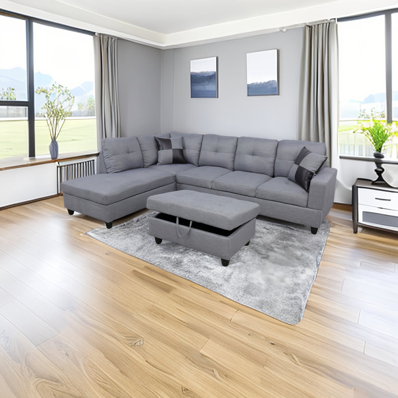 Quinnes Upholstered L-Shaped Sectional, Left Hand Facing, Gray Linen