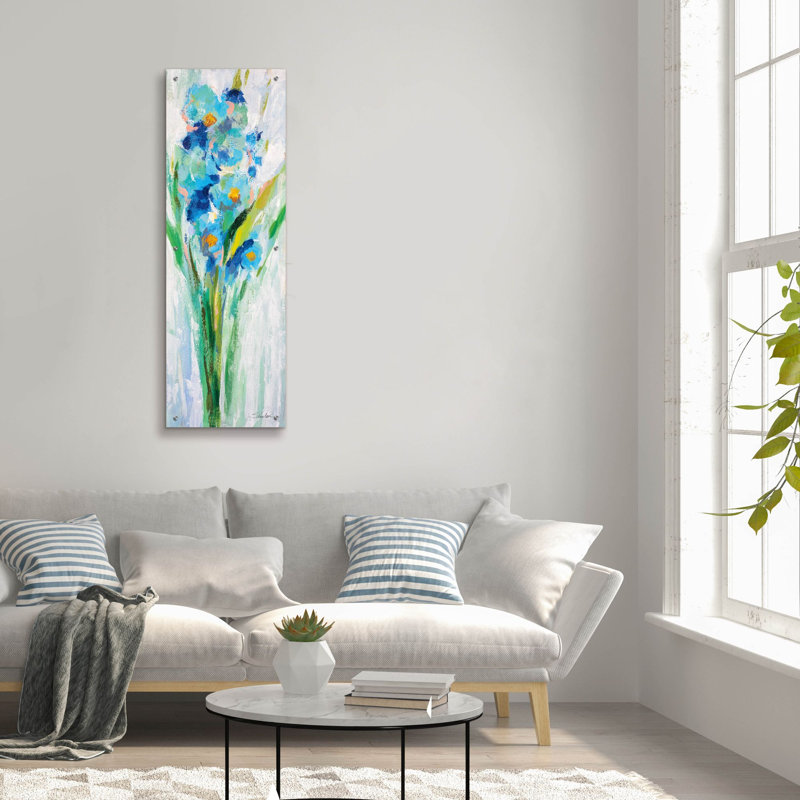  «Fresh Blue Flowers 1» par Silvia Vassileva, art mural en verre acrylique, 16 po x 48 po, H 48 po x l 16 po