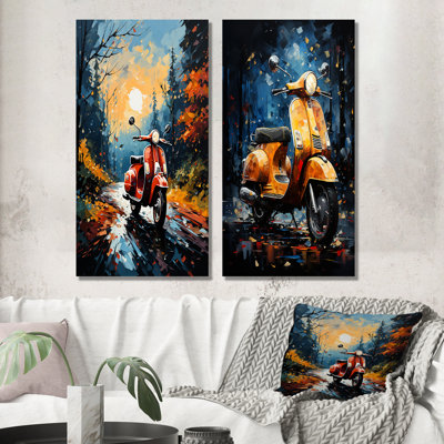Riding Scooter In The Country Autumn - Scooter Metal Prints Set Of 2