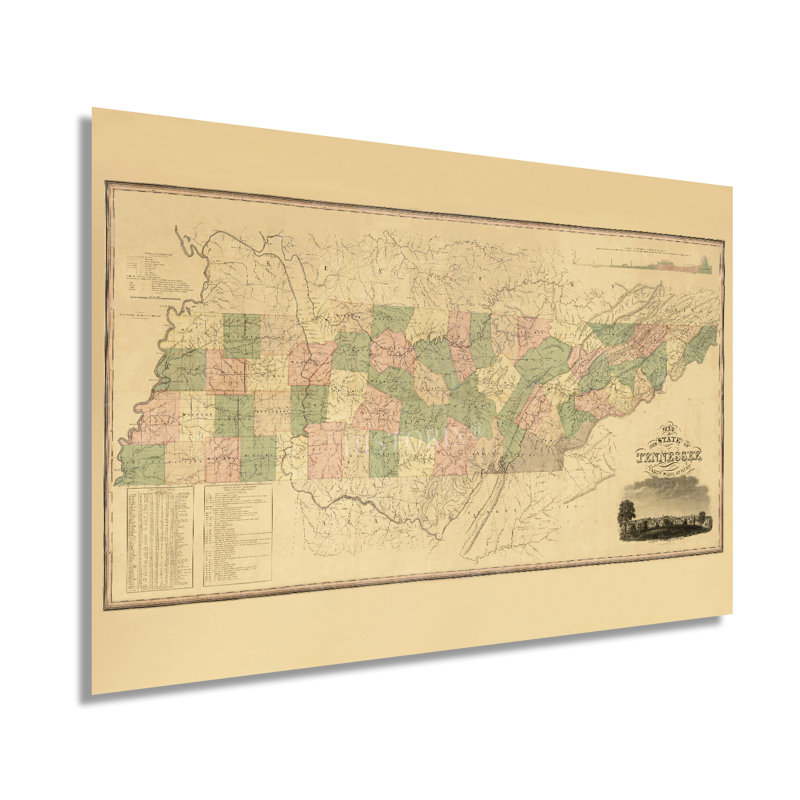 «Tennessee Map 1832», art mural sur papier, H 24 po x l 36 po x P 0,1 po