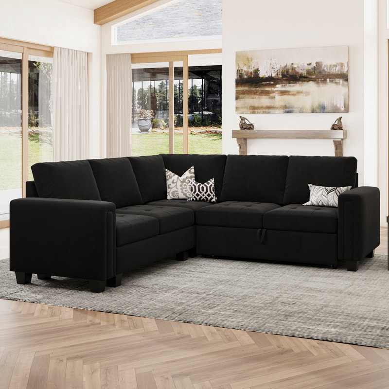 Shavera 84.2" W Velvet Modular Sleeper Sectional with Reversible Chaise , Black Velvet