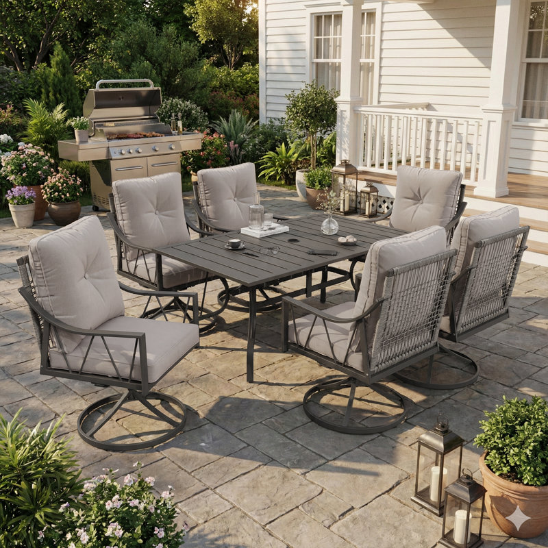 Ensemble de salle à manger 7 pièces pour terrasse, 6 chaises berçantes pivotantes en osier avec coussins de 4 po, table rectangulaire avec trou de parasol réglable pour la cour arrière, terrasse, noir