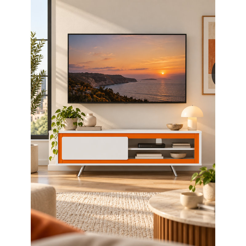 59" Modern TV Stand with Drawer, Open Shelves & Cable Management – Available in White/Orange, White/Green & White/Black