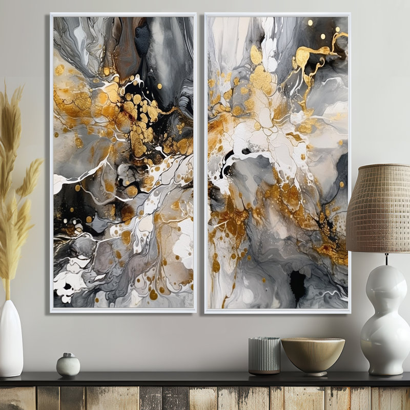 2 coups de pinceau délicats abstraits gris et or gris 3 pièces, 20'' H x 24'' W, Impression encadrée flottante, White