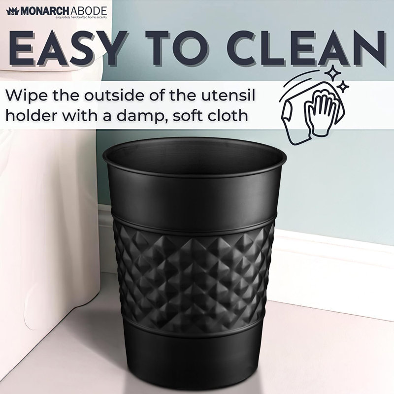 Matte Black Geometric Embossed Metal Bathroom Trash Can